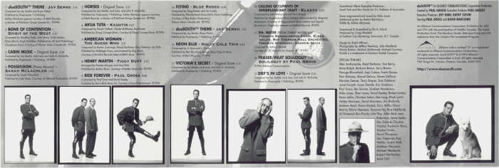 Zadn st pednho obalu CD "Due South vol.1 Soundtrack" s popisem psniek a podkovnm + copyright. Obal se skld na 3 sti jako vnon pn.